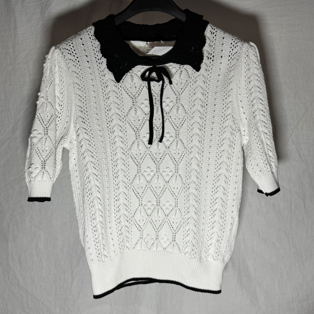 White Pointelle Knit‎ Peter Pan Collar Tie Neck Short Sleeve Sweater S NEW LOFT